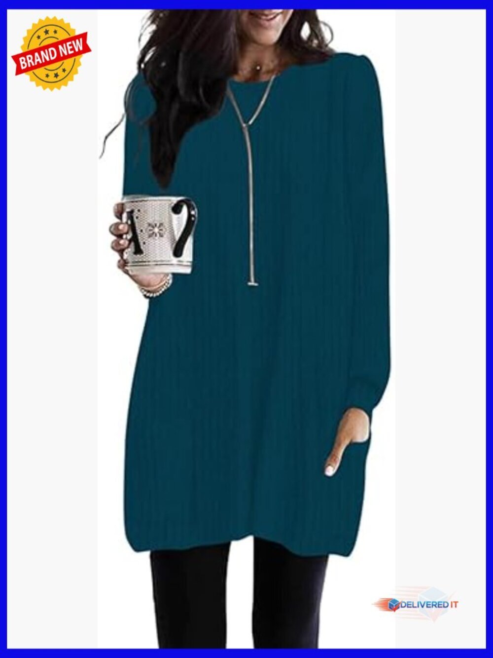 Tunic Top with Pockets - Long Sleeve Loose Fit Sweater for Leggings
